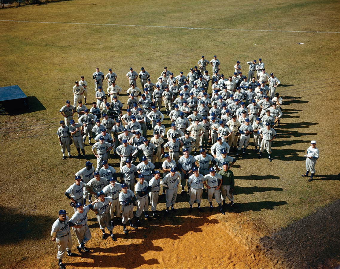 An aerial color view of Dodger players at Dodgertown in Vero Beach in the late 1940s, reminiscent of the LIFE magazine cover of minor league Dodger players in 1948